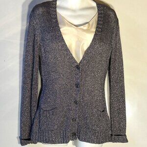 Studio Y SZ XL Silver Gray Metallic Cardigan Button Front 80's comfy Party Bling
